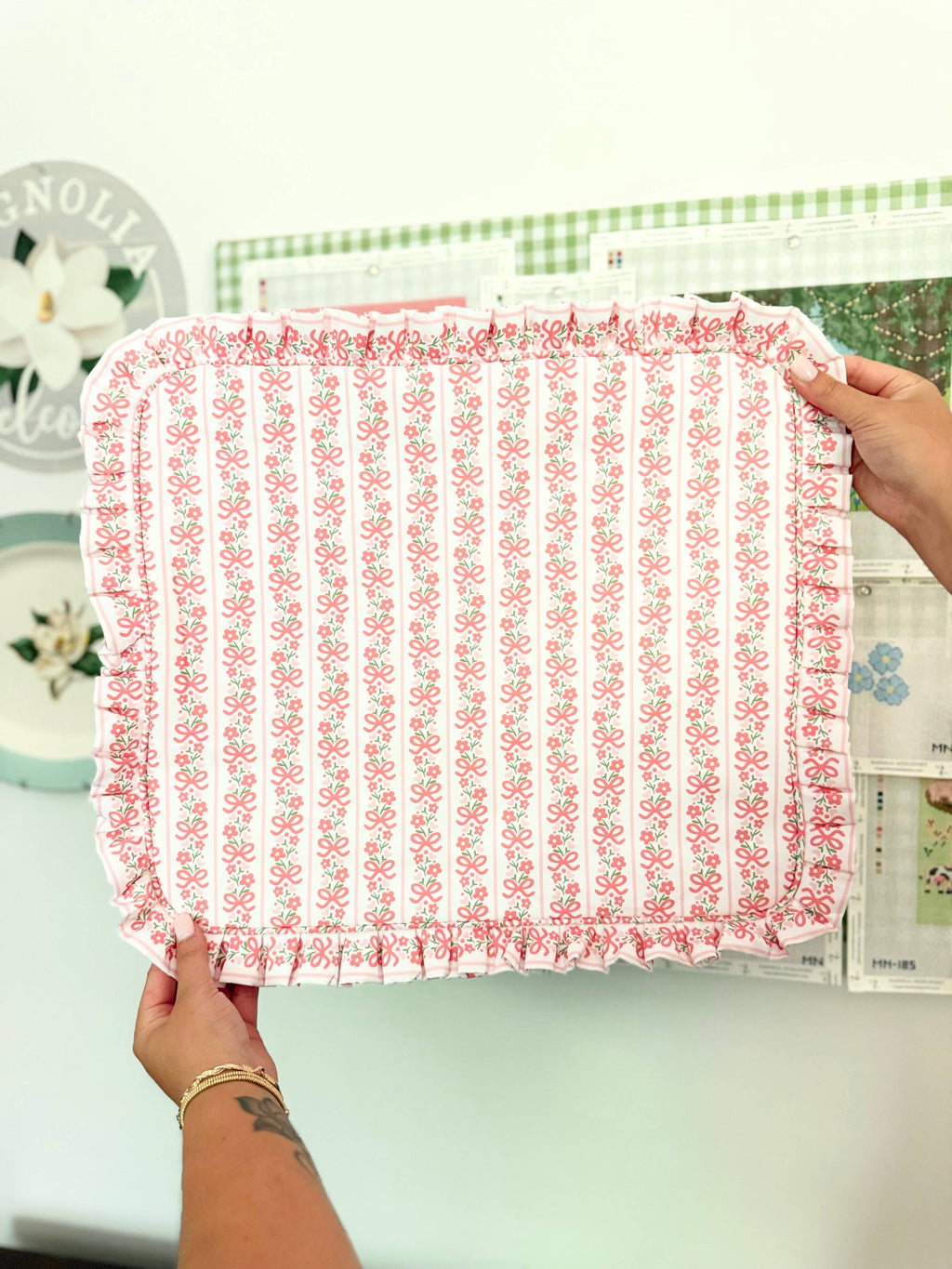Pink Bow Floral Ruffle Carryall Project Bag
