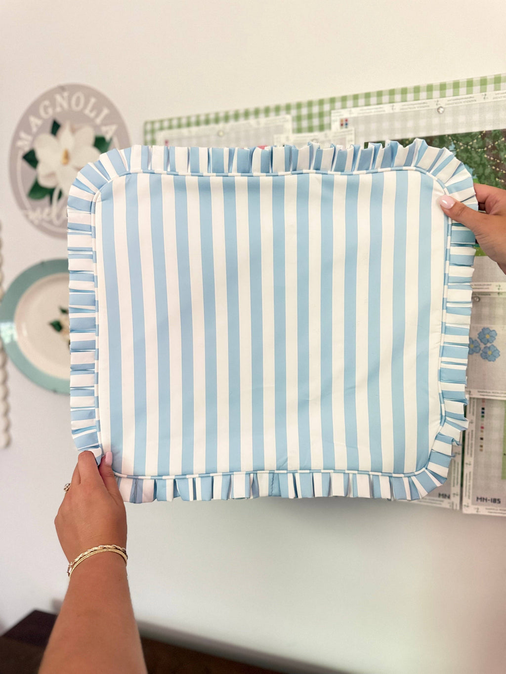 Light Blue Stripe Ruffle Carryall Project Bag