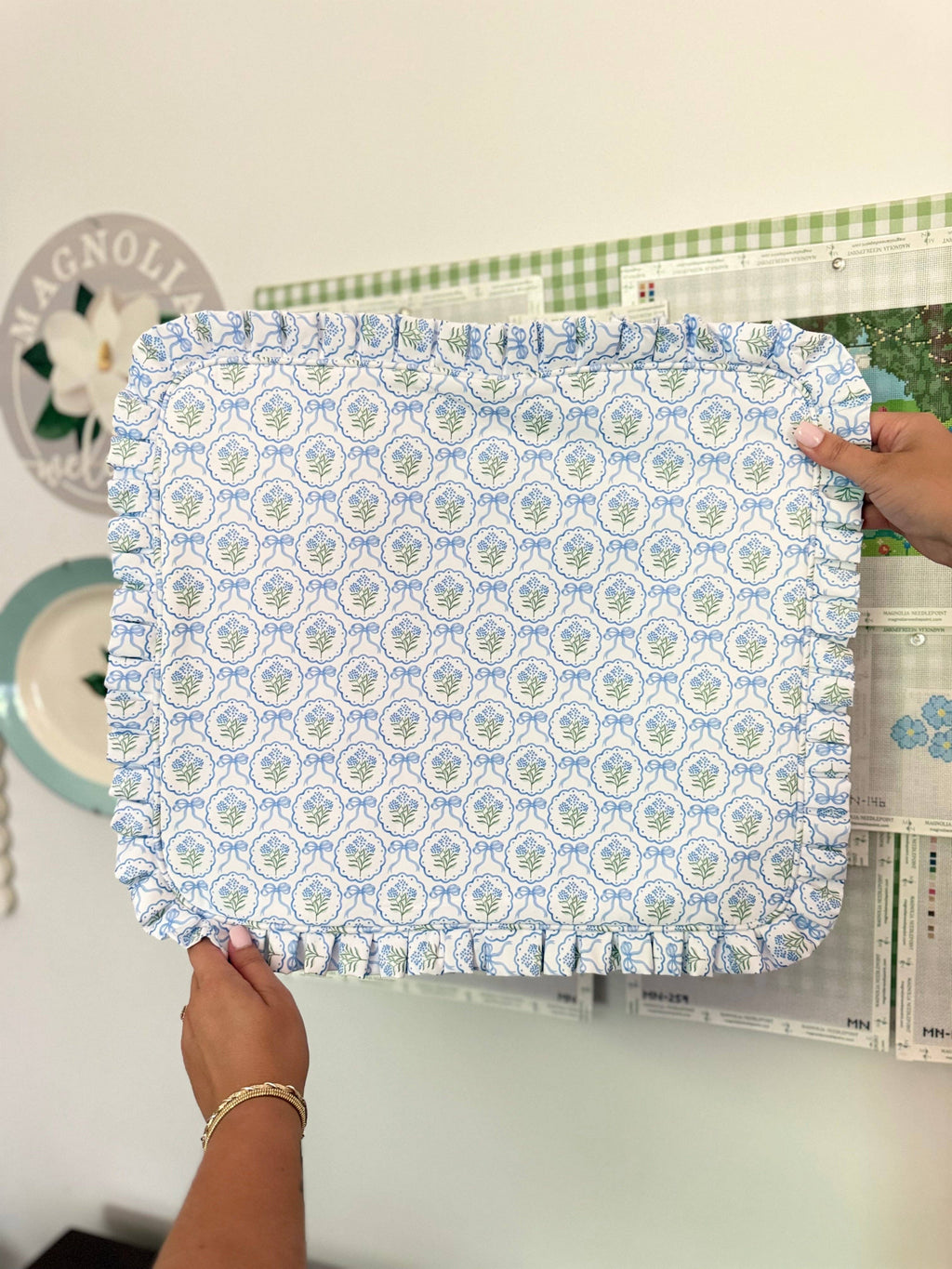 Blue Scallop Floral Hydrangea Ruffle Carryall Project Bag