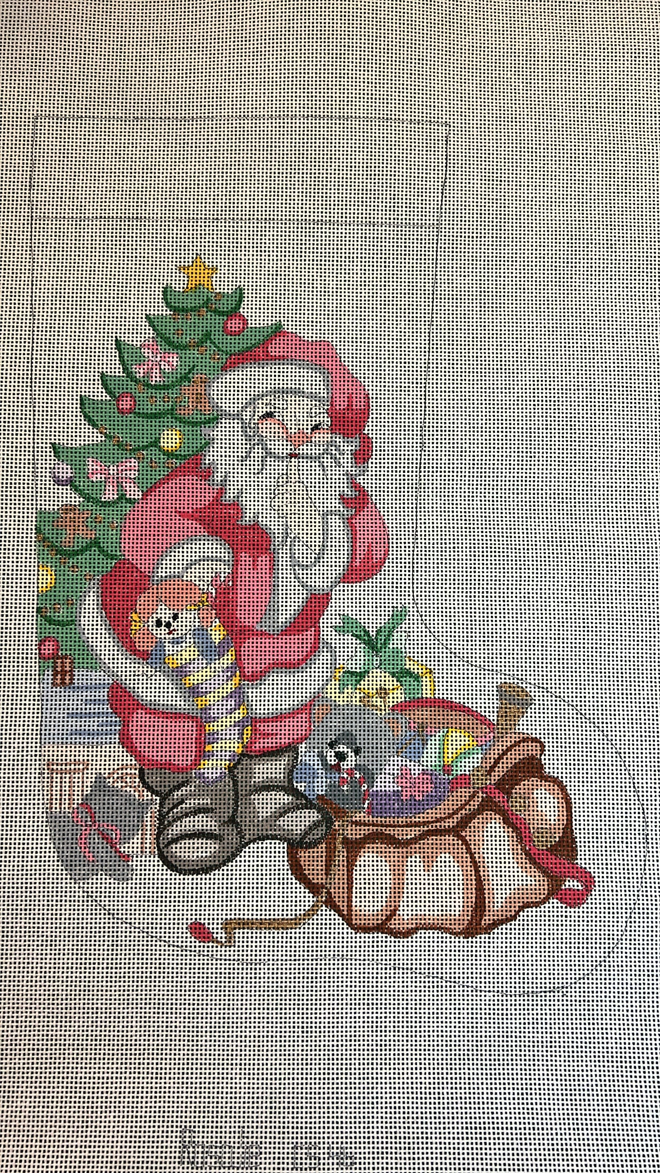 Santa with Pink Bows on Tree and Toys Stocking Canvas