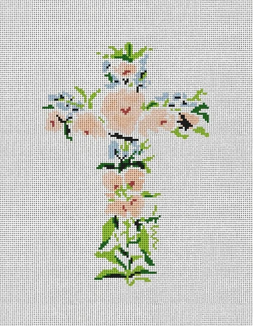Peach and Baby Blue Flowers Cross Canvas