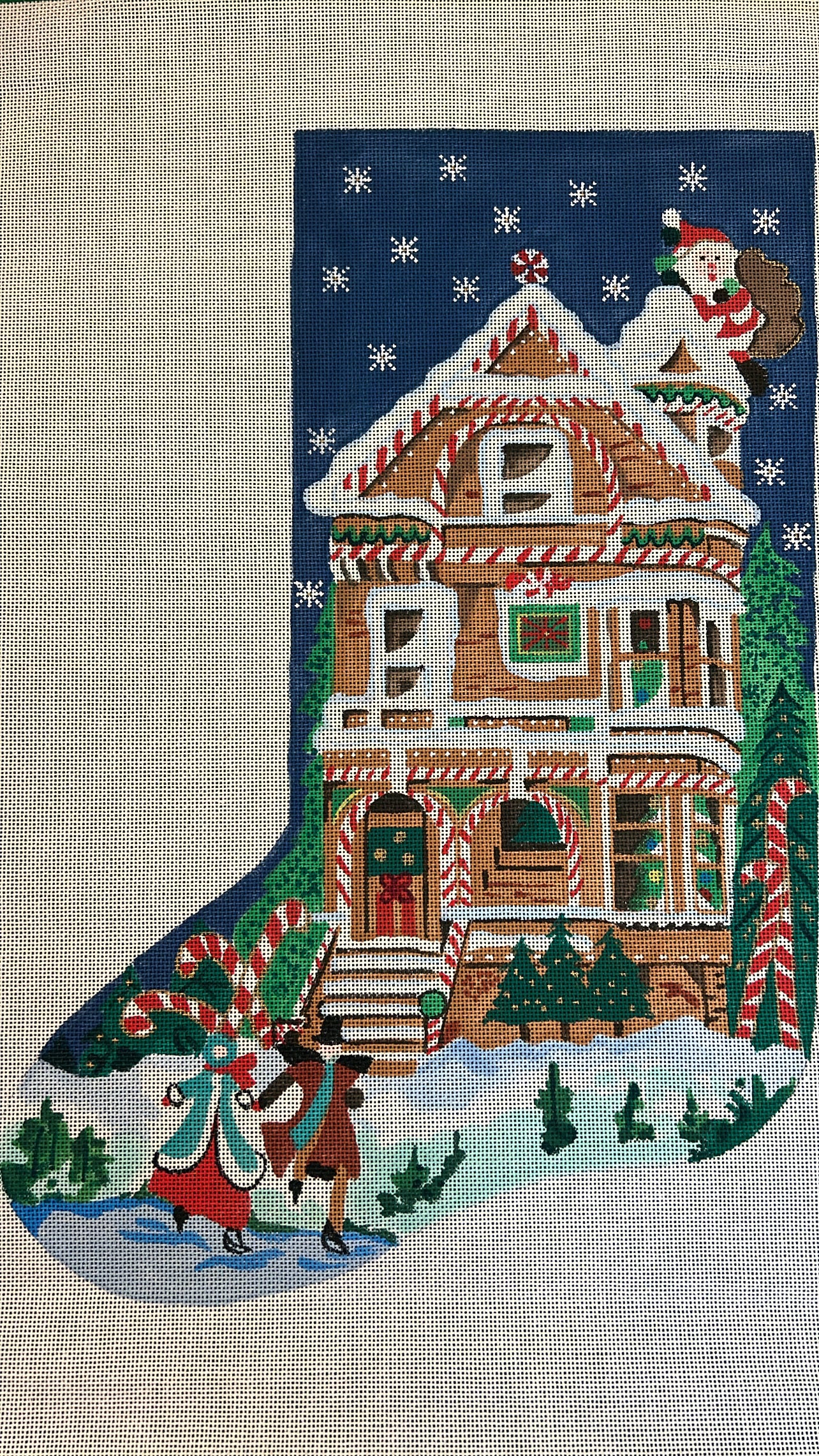 Gingerbread House and Skating Couple Stocking Canvas