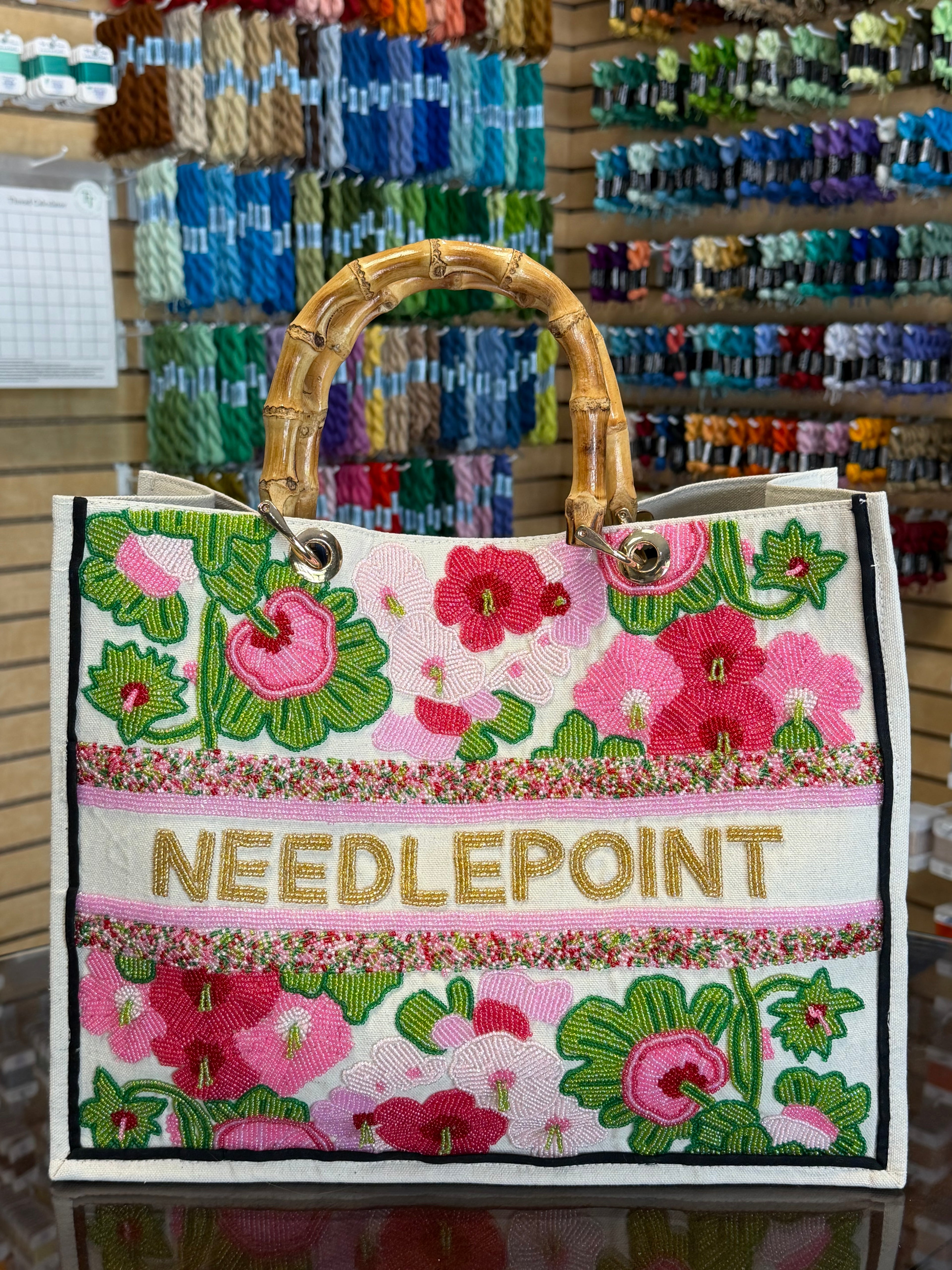 Beaded Needlepoint Bag-Pink Geraniums
