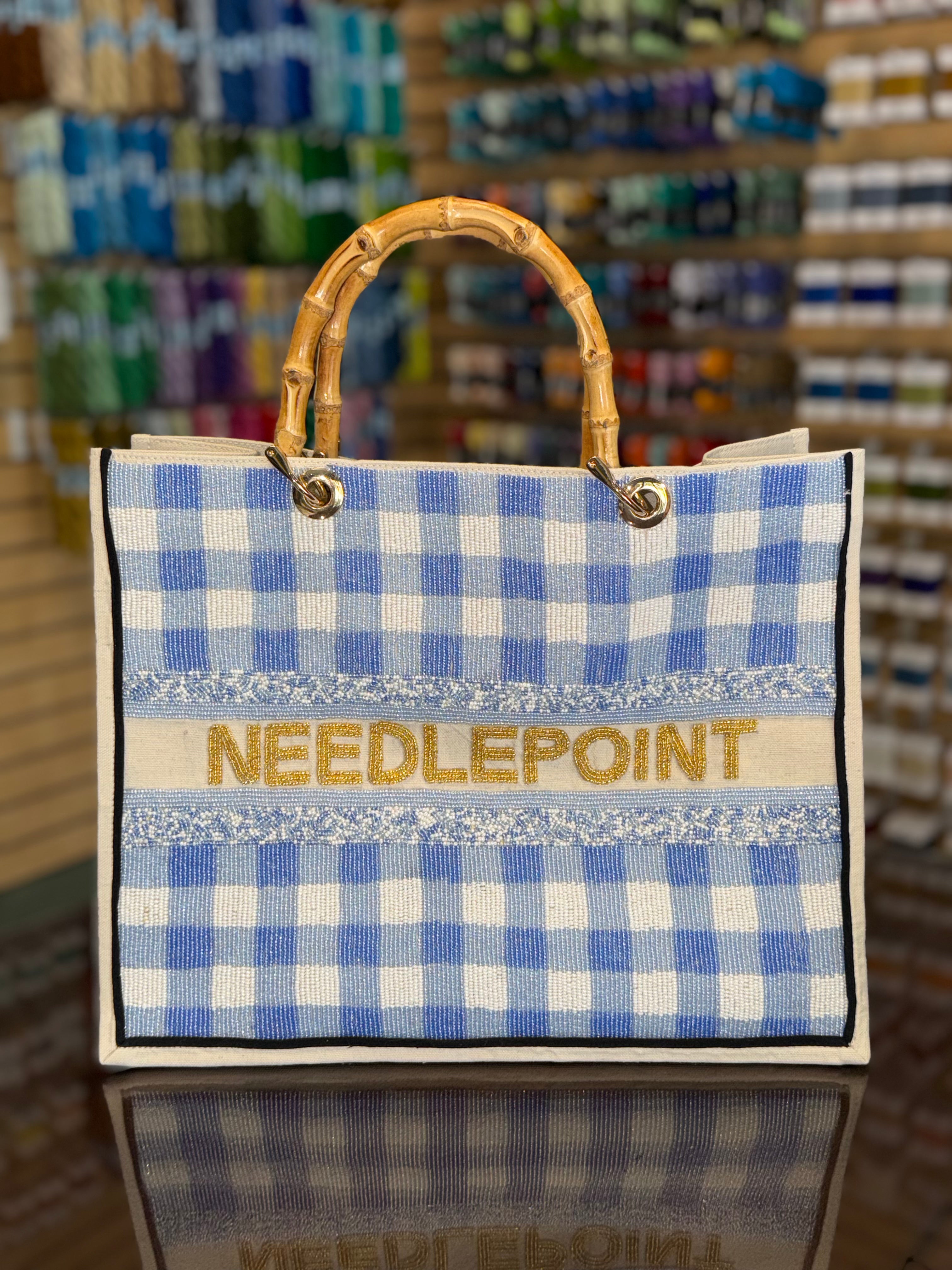 Beaded Needlepoint Bag-Blue Gingham