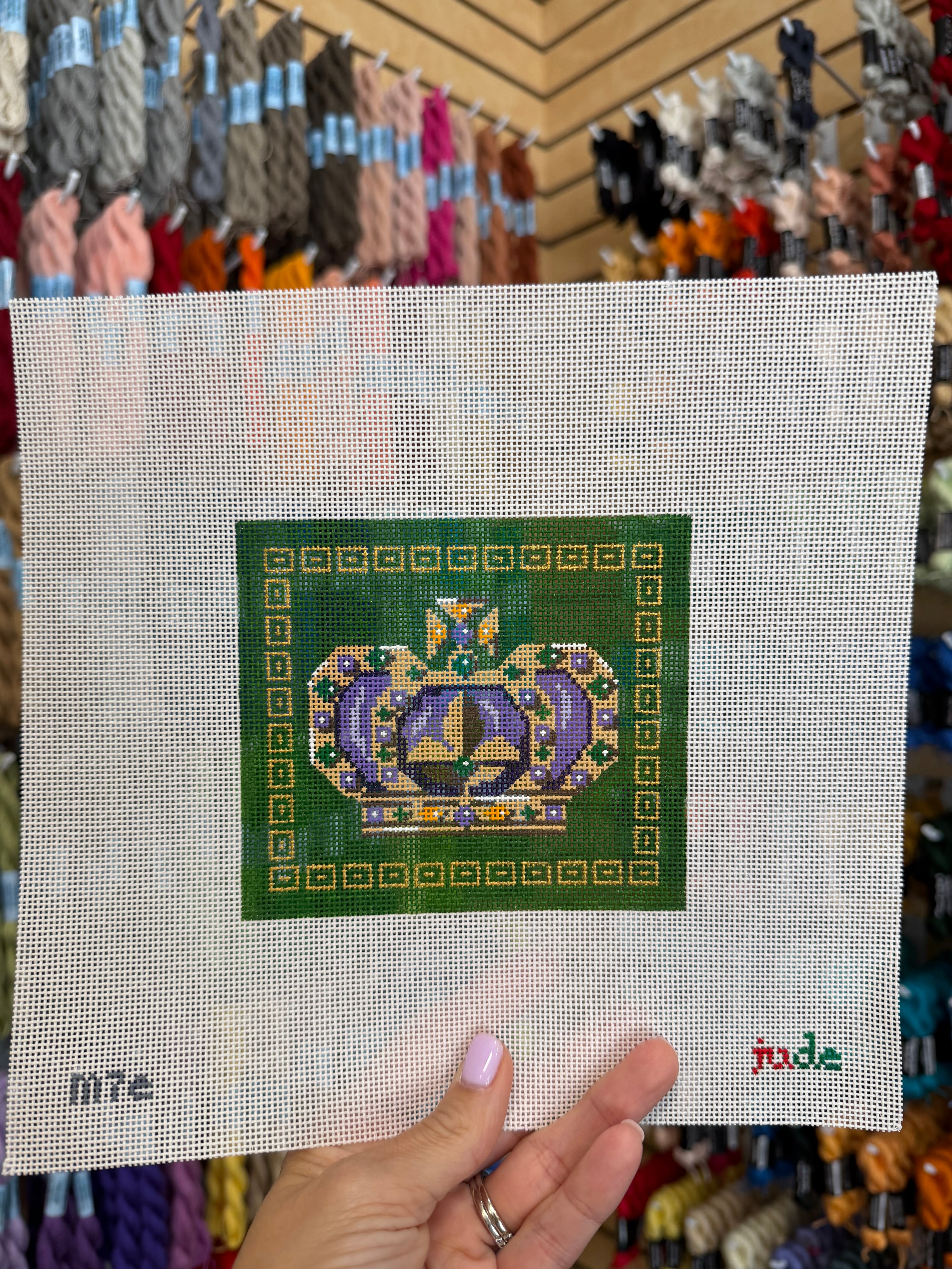 Small Mardi Gras Crown on Green Canvas