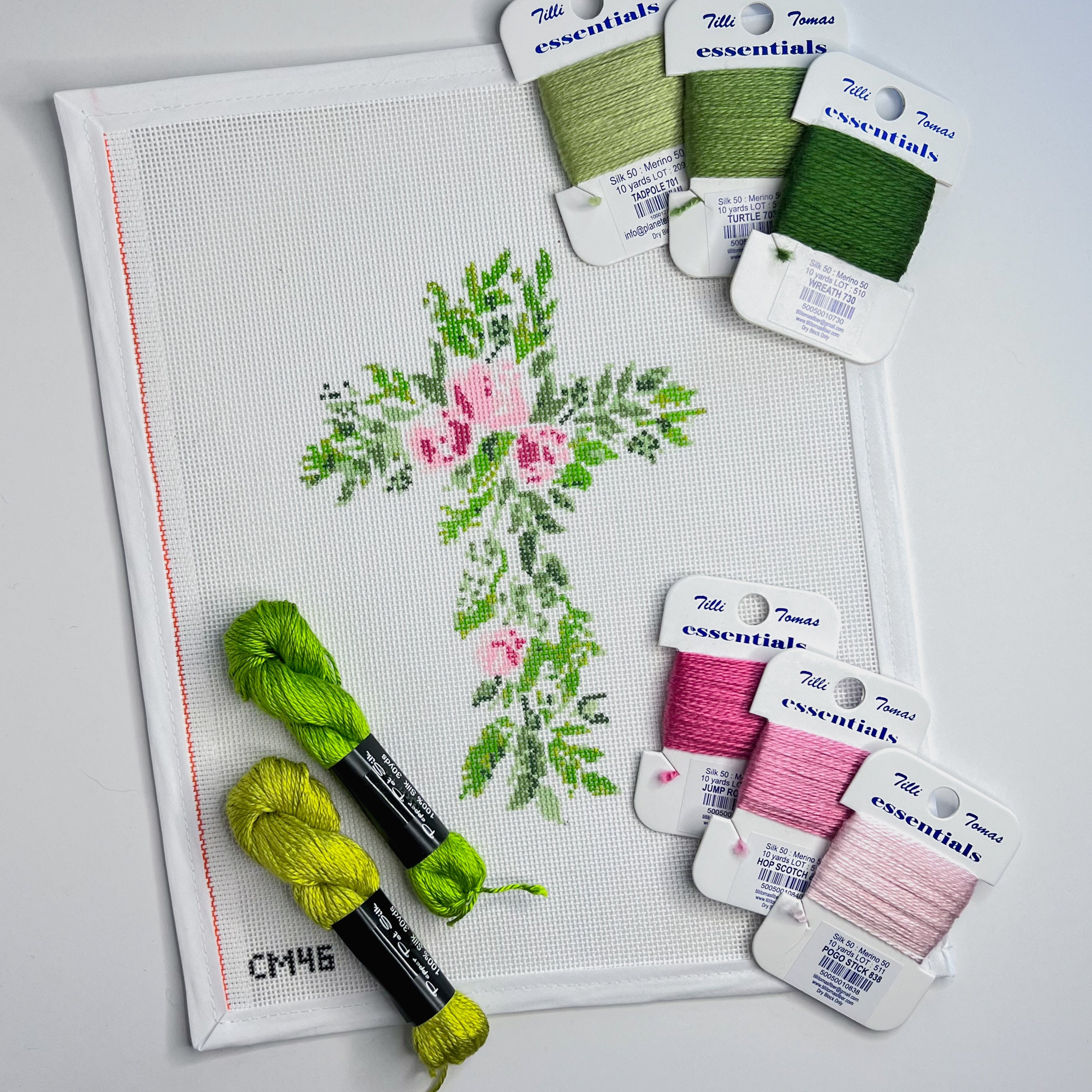 Pink Flowers and Greenery Cross Canvas