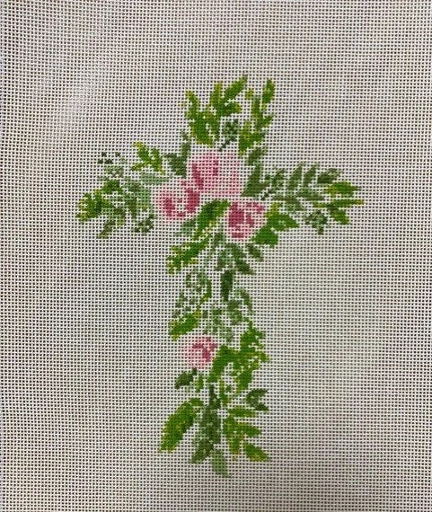 Pink Flowers and Greenery Cross Canvas