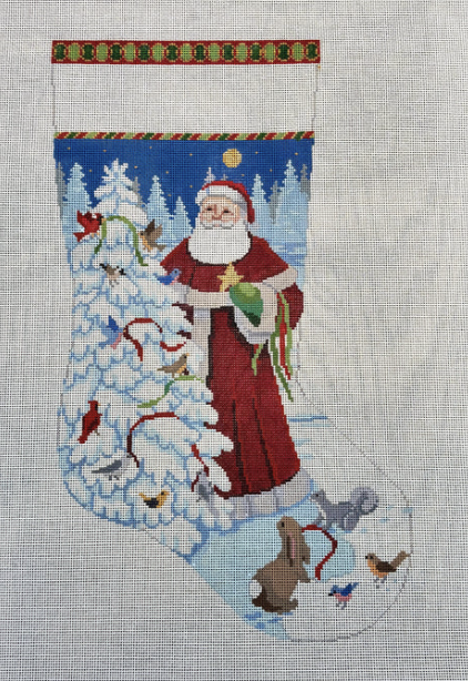Santa Decorating Bird Tree Stocking Canvas