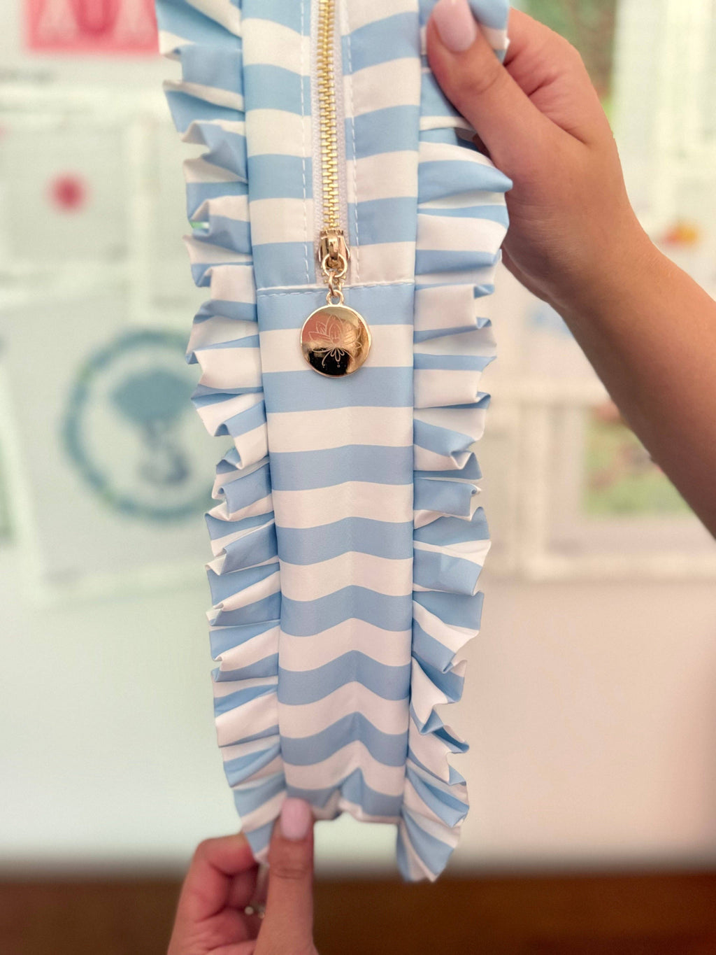 Light Blue Stripe Ruffle Carryall Project Bag