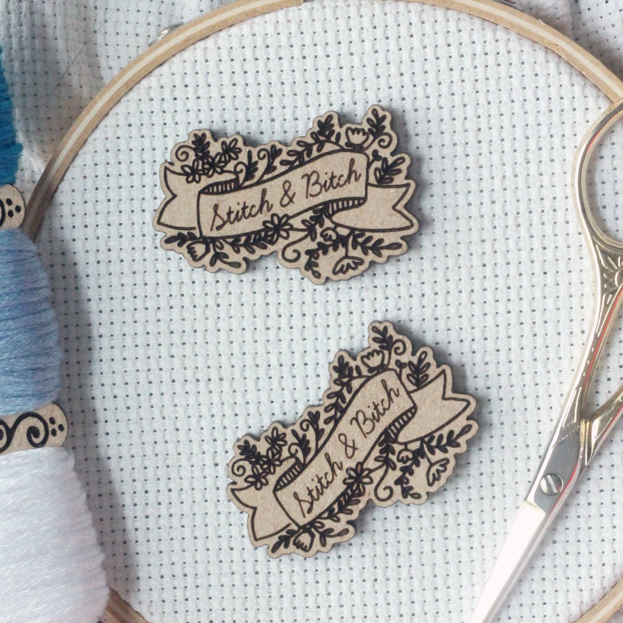 Stitch & Bitch Engraved Wooden Needle Minder