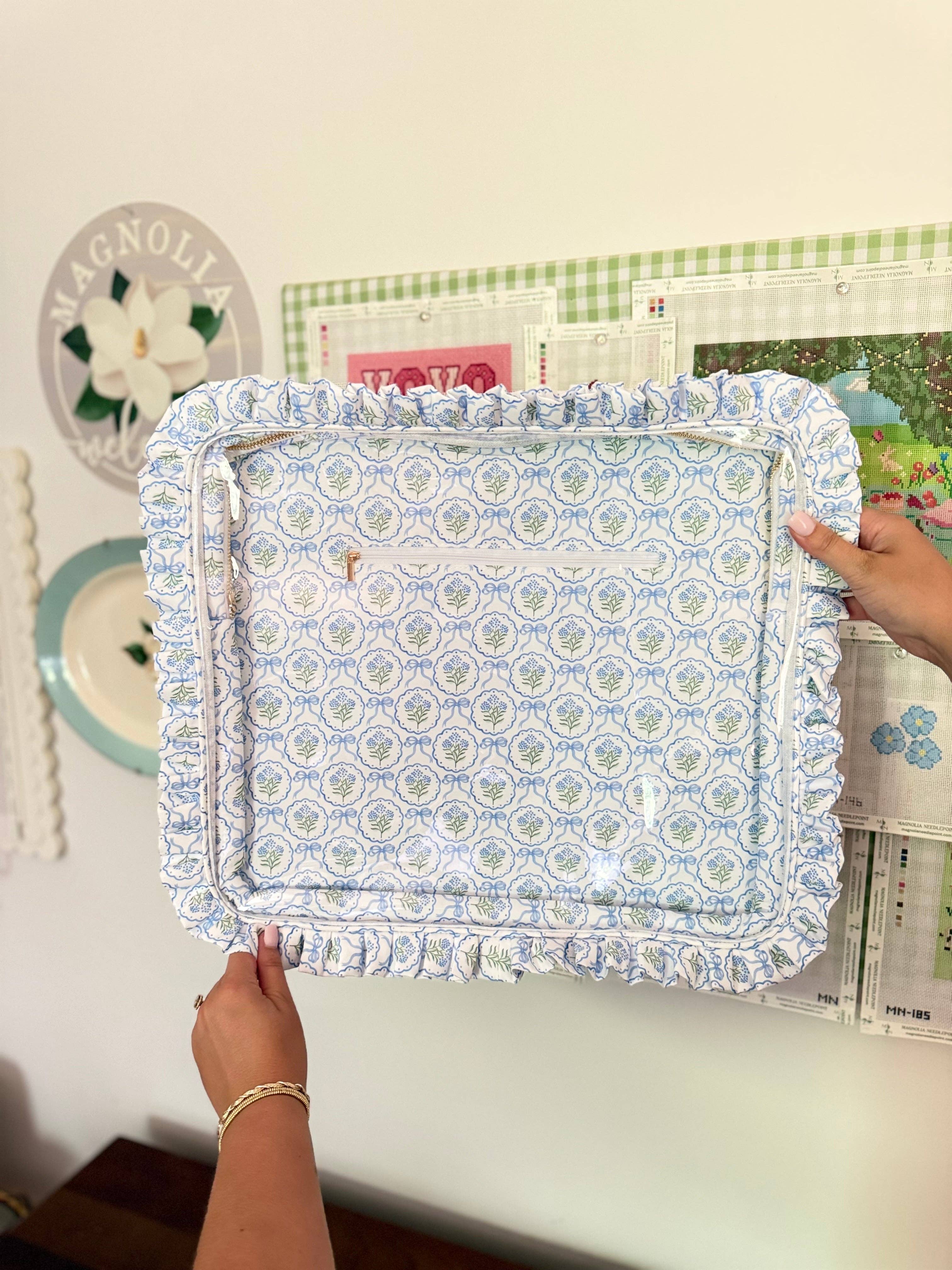 Blue Scallop Floral Hydrangea Ruffle Carryall Project Bag